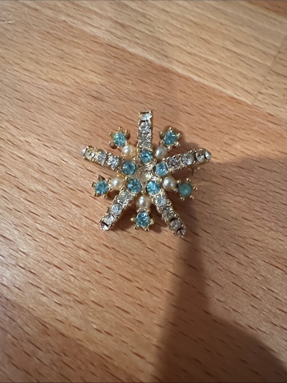 Coro Gold-Tone Blue Crystal and Pearl Starburst Brooch